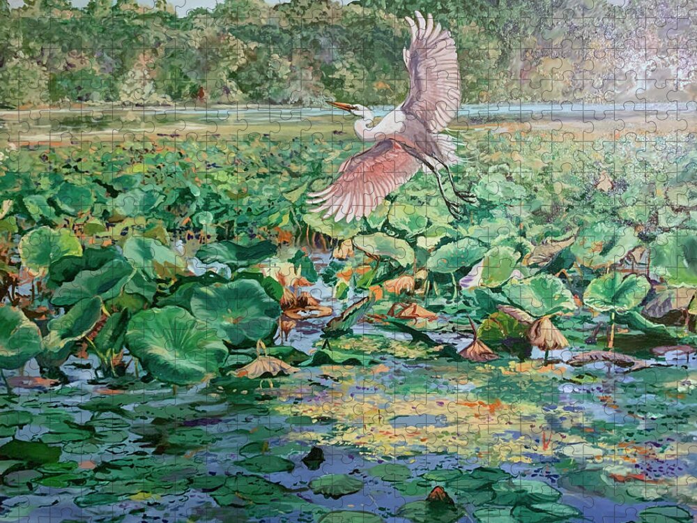 Egret Jigsaw Puzzle featuring the painting Back Water Pond by Marc DeBauch
