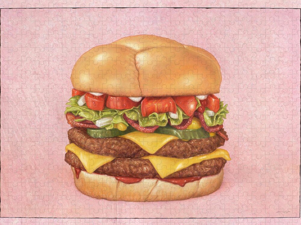Burger Jigsaw Puzzle featuring the painting Bacon Double Cheeseburger by James W Johnson