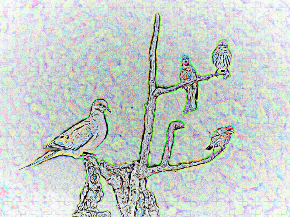 Linda Brody Jigsaw Puzzle featuring the digital art Balance - One Mourning Dove Equals Three House Finches Abstract by Linda Brody