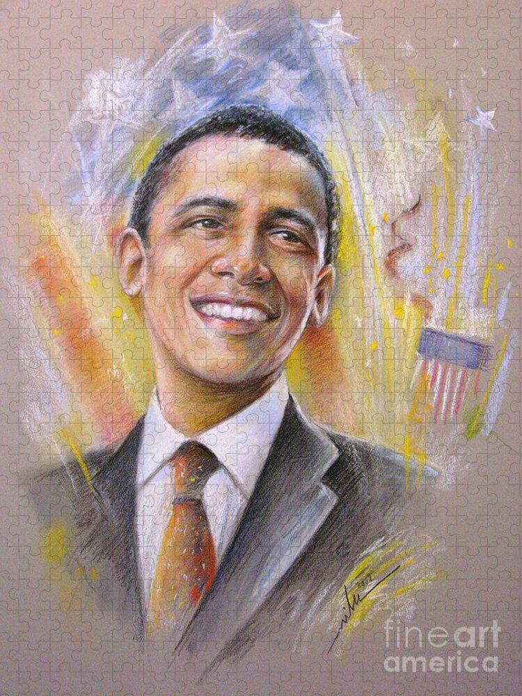 Portrait Barack Obaam Puzzle featuring the painting Barack Obama Portrait by Miki De Goodaboom