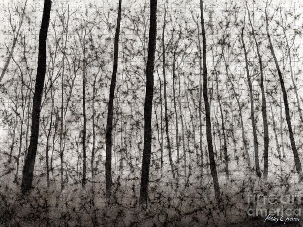 Black And White Jigsaw Puzzle featuring the painting Bare Forest by Hailey E Herrera