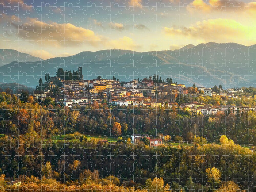 Barga Jigsaw Puzzle featuring the photograph Barga village in autumn. Garfagnana, Tuscany by Stefano Orazzini