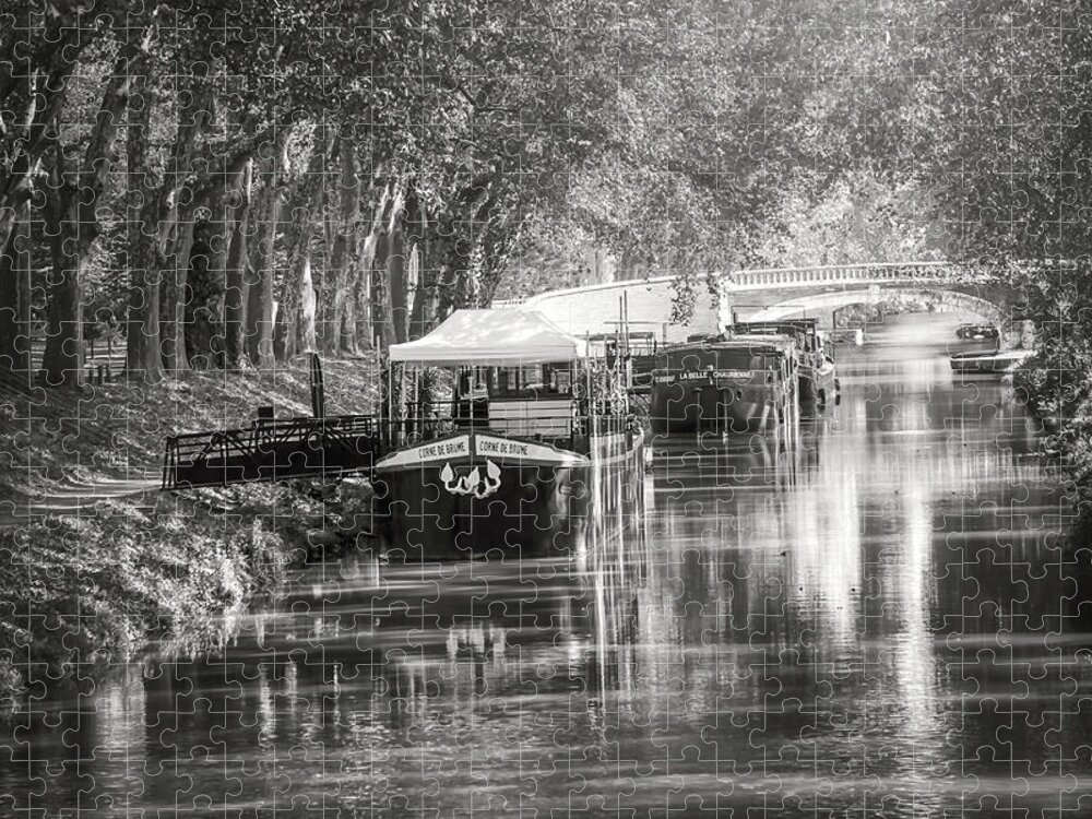 Toulouse Jigsaw Puzzle featuring the photograph Barges on Canal de Brienne Toulouse France Black and White by Carol Japp