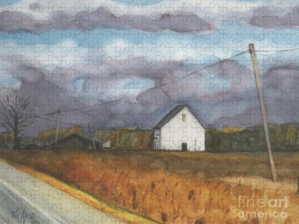Barn Jigsaw Puzzle featuring the painting Barn in Field by Vicki B Littell