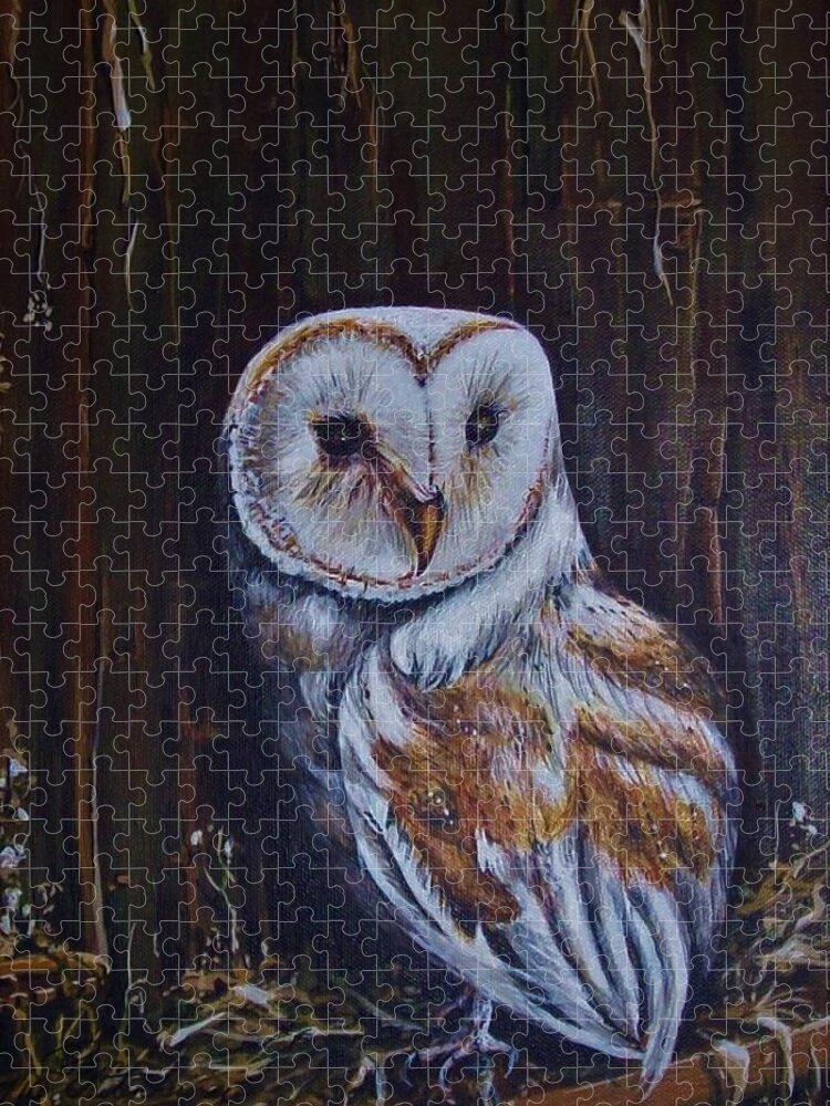 Barn Owl Brown White Jigsaw Puzzle featuring the mixed media Barn Owl by Pam Veitenheimer