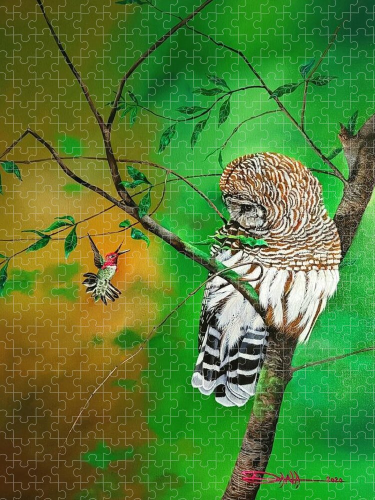 Birds Jigsaw Puzzle featuring the painting Barred Owl and Anna's hummingbird by Dana Newman