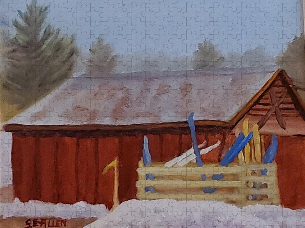 Skis Jigsaw Puzzle featuring the painting Bartlett Ski Barn by Sharon E Allen