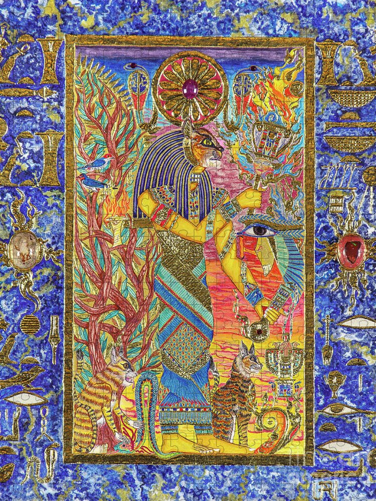 Bast Jigsaw Puzzle featuring the mixed media Bast the Light Bringer by Ptahmassu Nofra-Uaa