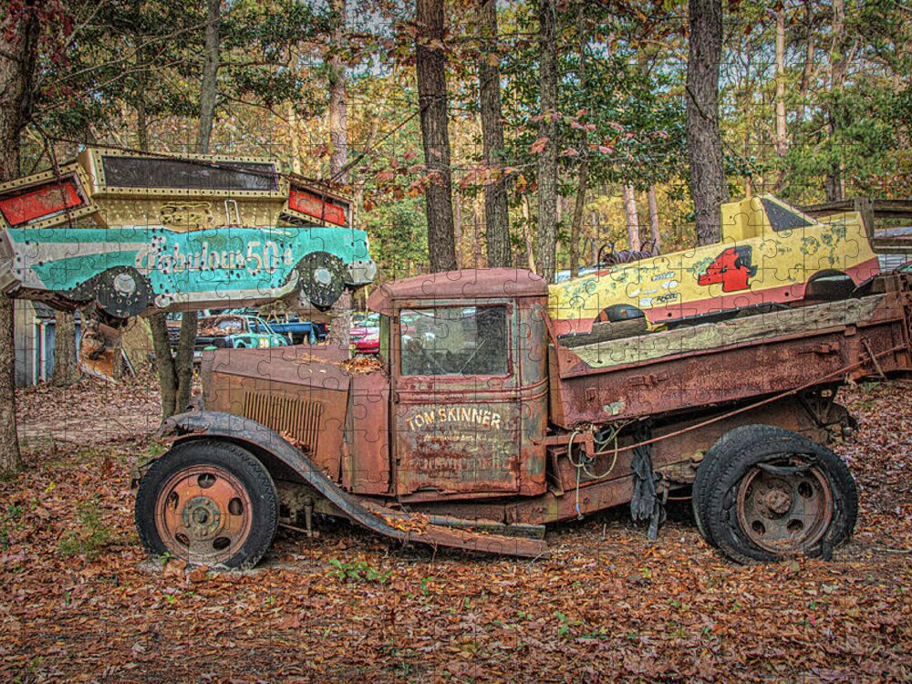 Old Jigsaw Puzzle featuring the photograph Battered Rusty Jalopy In The Woods by Kristia Adams