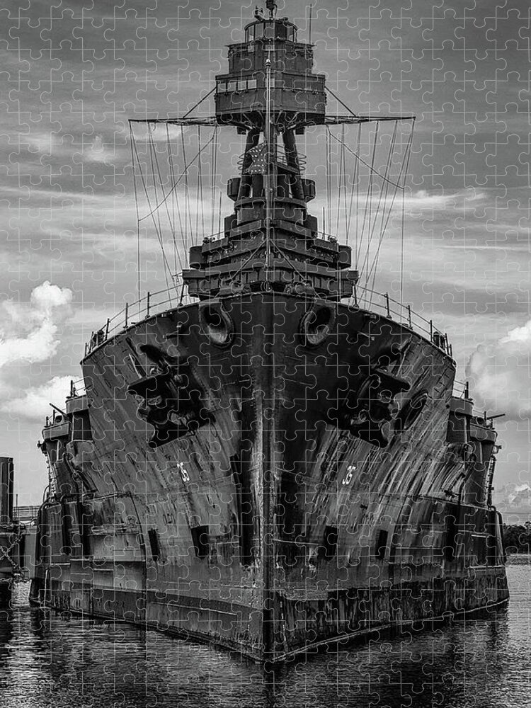 B&w Jigsaw Puzzle featuring the photograph Last of the Dreadnoughts - Battleship Texas by Mike Schaffner