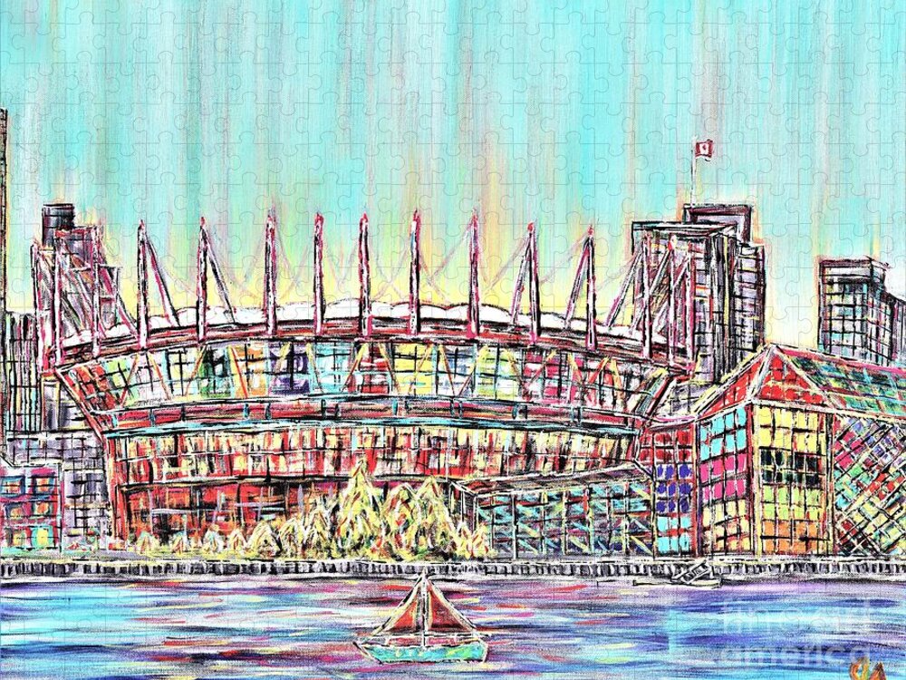 Vancouver Jigsaw Puzzle featuring the painting BC Place, Vancouver, Alive In Color by Jeremy Aiyadurai