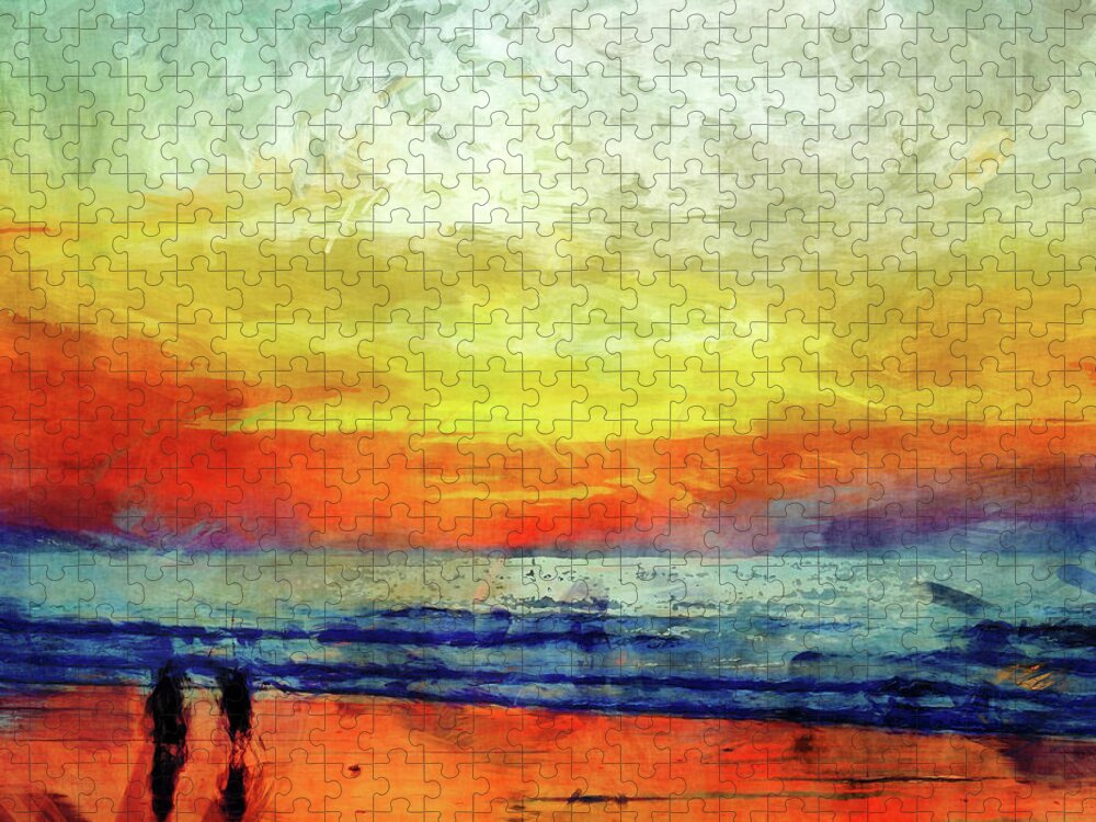 Beach Jigsaw Puzzle featuring the digital art Beach At Sunset by Phil Perkins