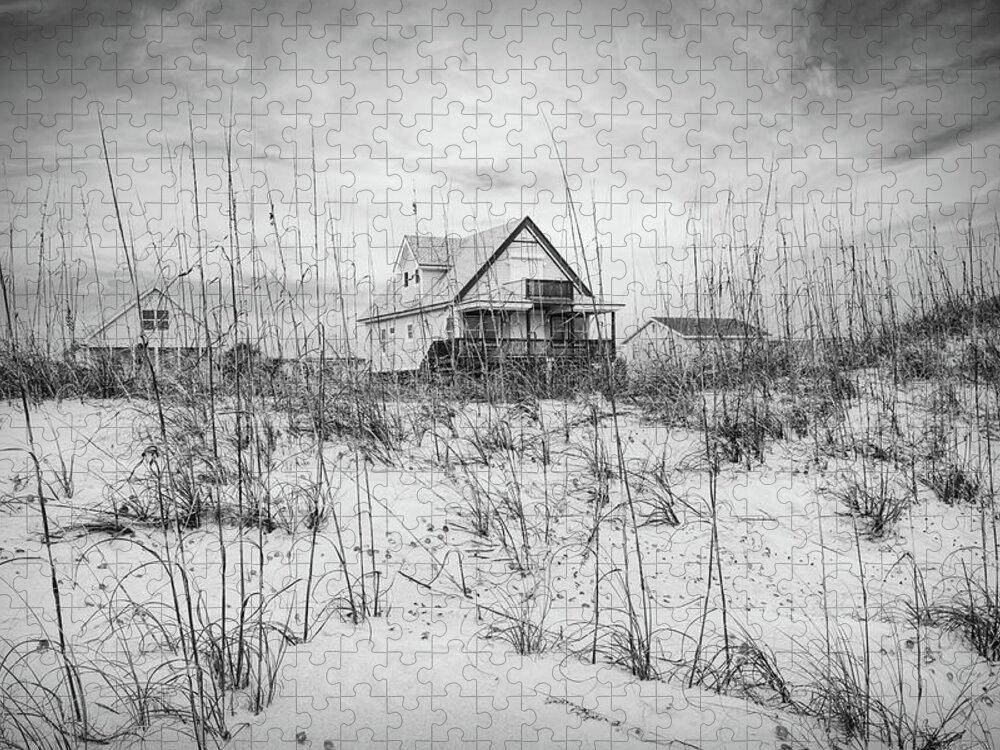 Clouds Jigsaw Puzzle featuring the photograph Beach Cottage on the Sand Dunes in Black and White by Debra and Dave Vanderlaan