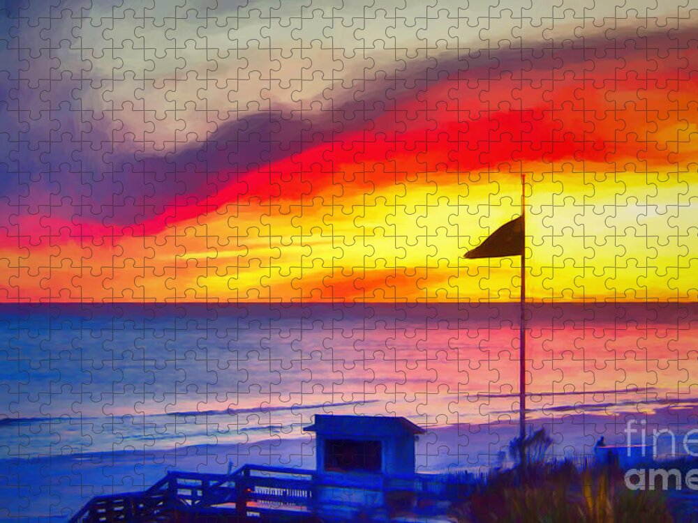 Beach Flag Sunset Jigsaw Puzzle featuring the photograph Beach Flag Sunset by Mel Steinhauer