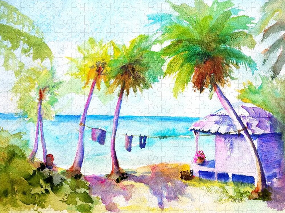 Troical Jigsaw Puzzle featuring the painting Beach House Tropical Paradise by Carlin Blahnik CarlinArtWatercolor