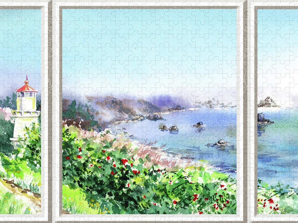 Window View Jigsaw Puzzle featuring the painting Beach House Window View To Lighthouse by Irina Sztukowski