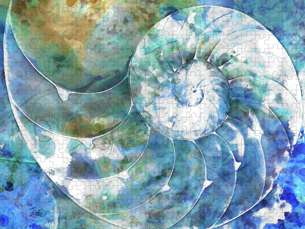 Blue Jigsaw Puzzle featuring the painting Beach Nautilus Shell Art - Sea Swept by Sharon Cummings