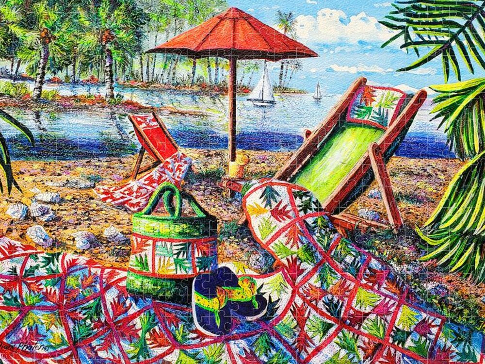 Palm Quilt At The Beach Jigsaw Puzzle featuring the painting Beach Retreat by Diane Phalen