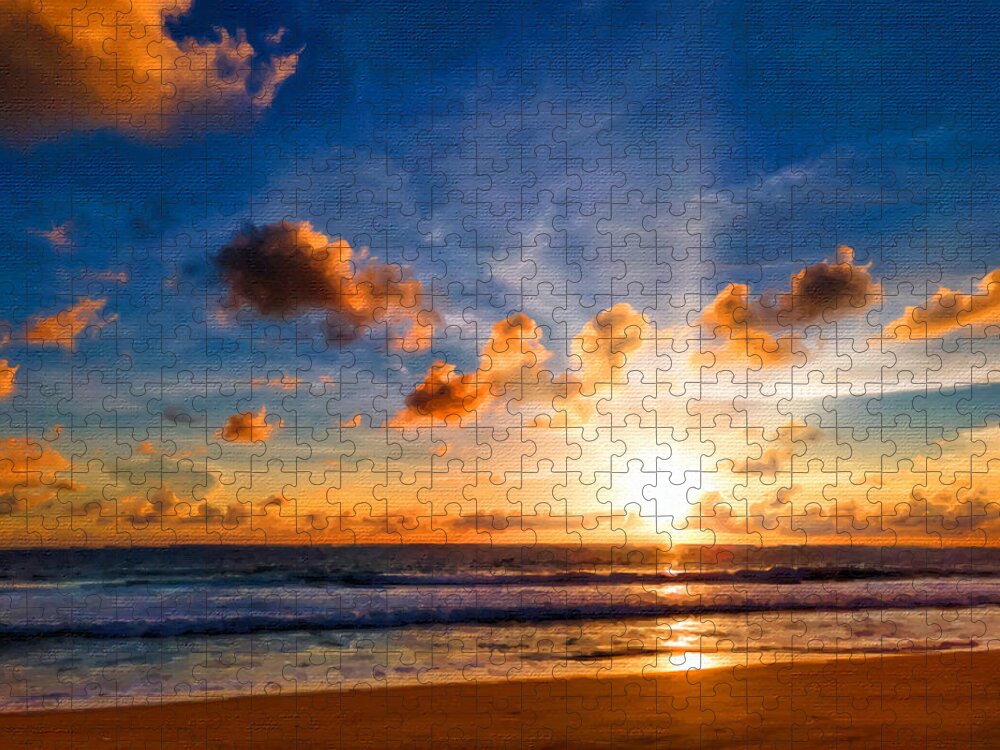 Wave Jigsaw Puzzle featuring the painting Beach Sunset Ocean Sea Landscape Sky 2 by Tony Rubino