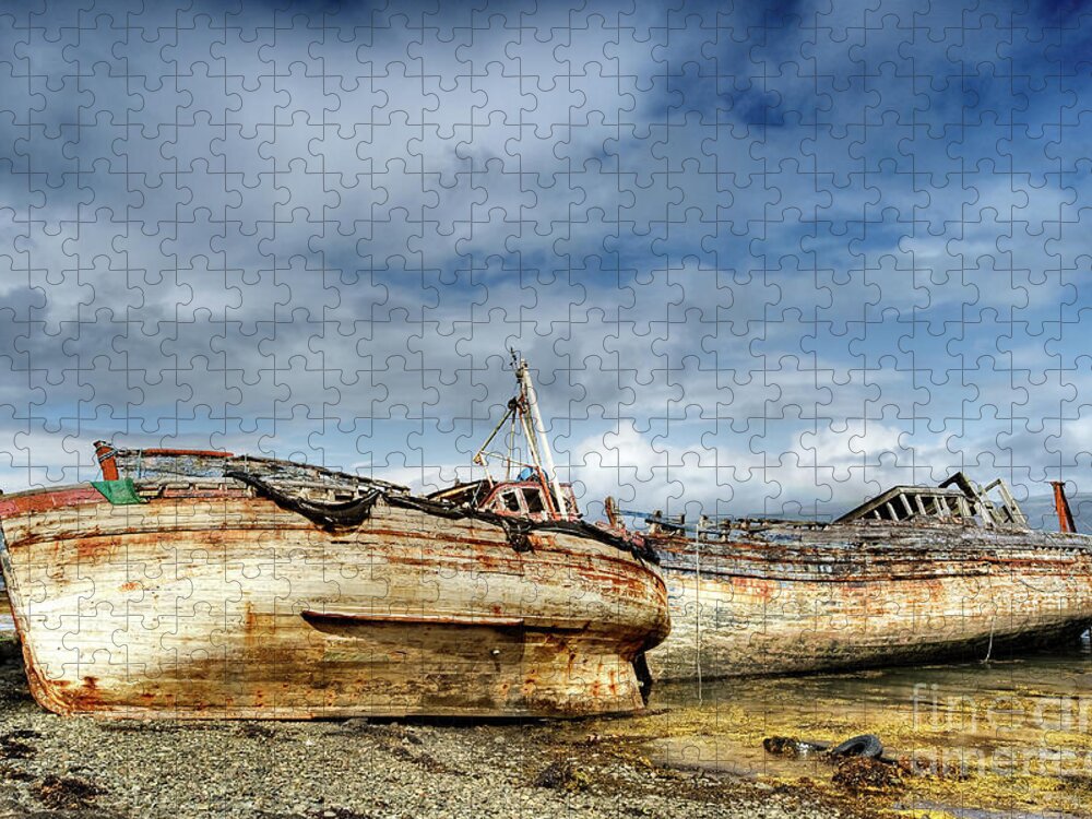 Boats Jigsaw Puzzle featuring the photograph Beached Fishing boats in Salen Bay by Richard Burdon