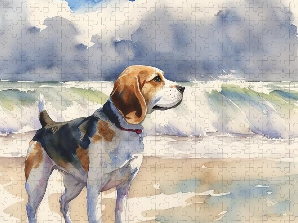 Animal Jigsaw Puzzle featuring the painting Beagle Dog At The Beach by N Akkash