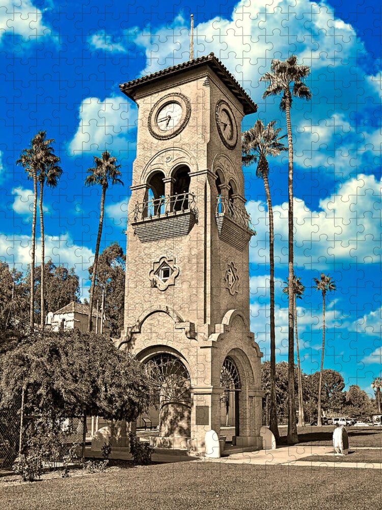 Beale Memorial Clock Tower Jigsaw Puzzle featuring the digital art Beale Memorial Clock Tower in Bakersfield, California - black and white, with the blue sky isolated by Nicko Prints