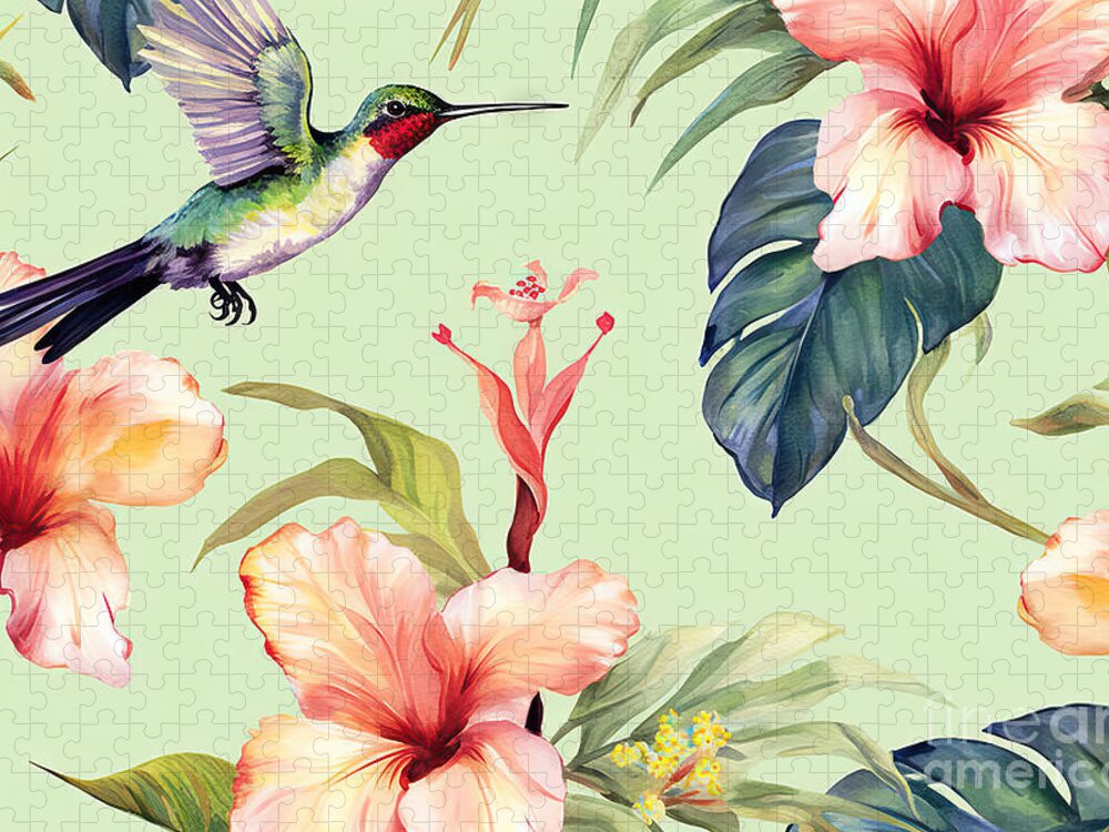 Hummingbird Jigsaw Puzzle featuring the painting Beautiful Colorful Colibri And Plumeria Flowers On Light Green B by N Akkash