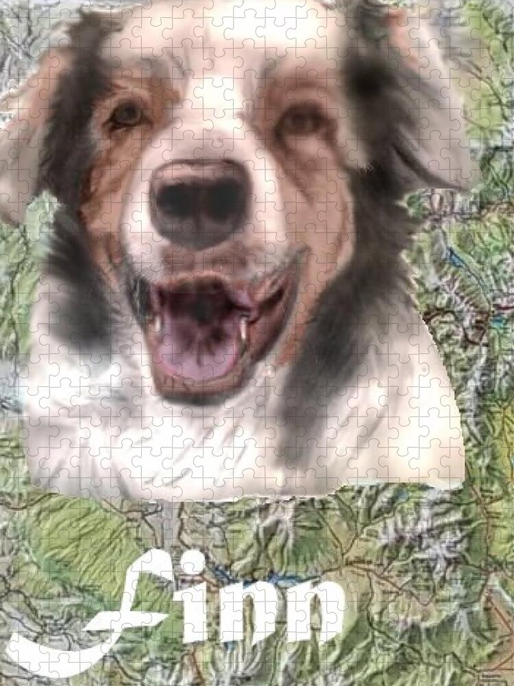 Pencil Sketch Enhanced With Computer And Background Australian Shepard Jigsaw Puzzle featuring the mixed media Beautiful Finn by Pamela Calhoun