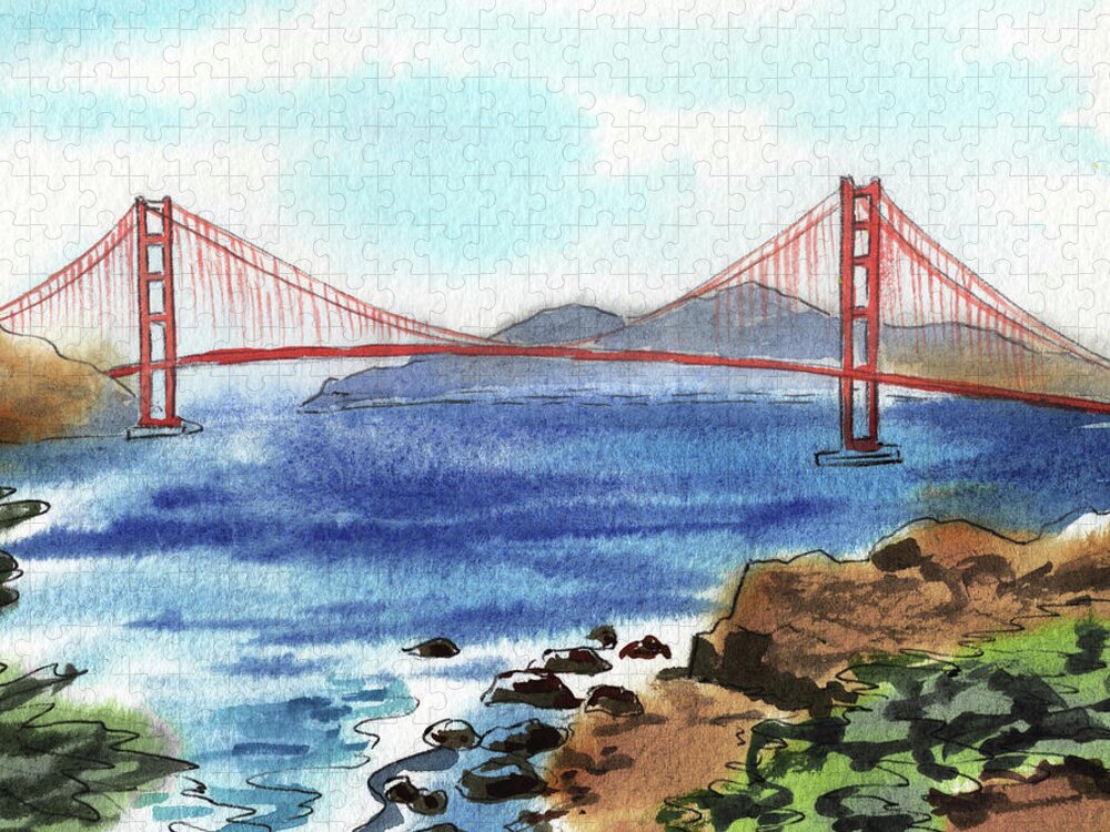 Bridge Jigsaw Puzzle featuring the painting Beautiful Golden Gate Bridge San Francisco Bay Watercolor by Irina Sztukowski