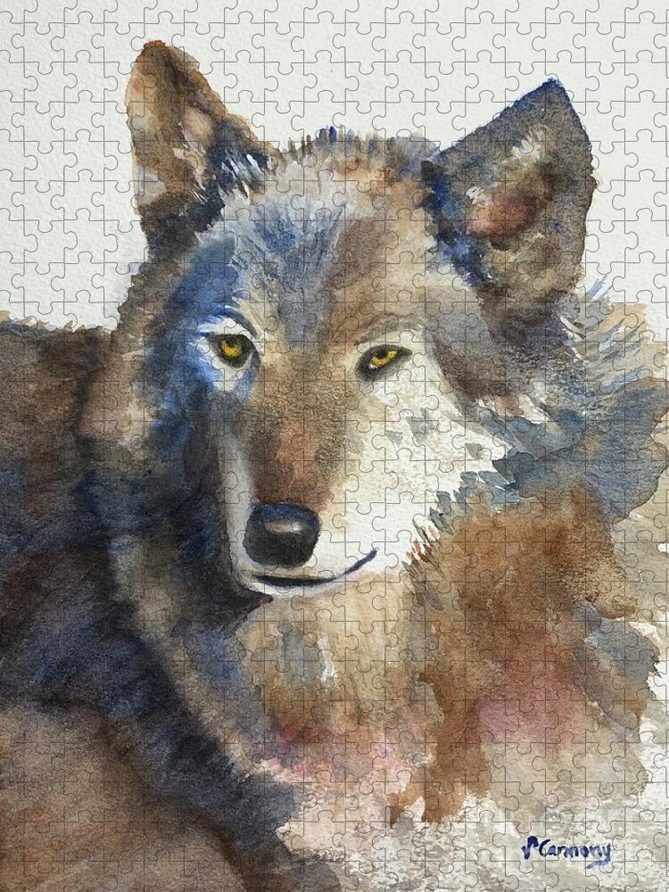 Wolf Jigsaw Puzzle featuring the painting Beautiful Gray Wolf by Sue Carmony