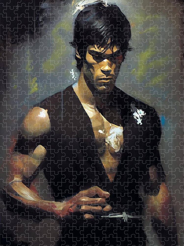 Beautiful Impressionist Painting Of Bruce Lee Art Jigsaw Puzzle featuring the painting Beautiful Impressionist painting of Bruce Lee a by Asar Studios by Celestial Images