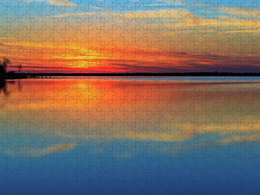 Sunset Jigsaw Puzzle featuring the photograph Beautiful lake sunset and its reflection. Very calming. by David Ilzhoefer