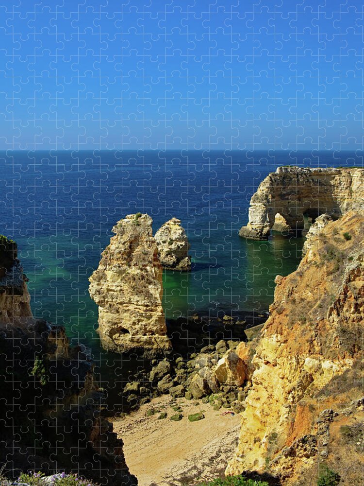 Praia Da Marinha Jigsaw Puzzle featuring the photograph Beautiful Marinha Beach from the Cliffs by Angelo DeVal