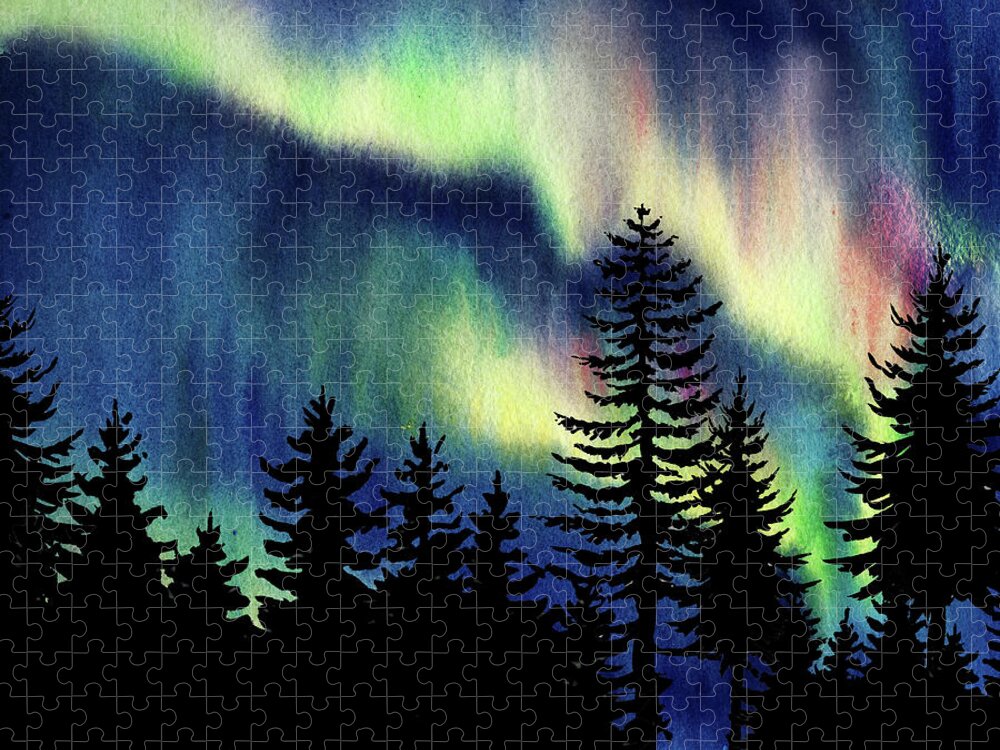 Beautiful Northern Aurora Borealis Lights With Forest Silhouette