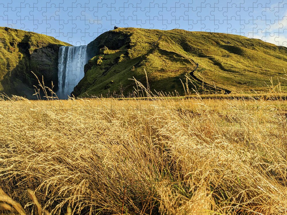 Skogafoss Jigsaw Puzzle featuring the photograph Beautiful Skogafoss Waterfall in Iceland at Autumn Daylight by Alexios Ntounas