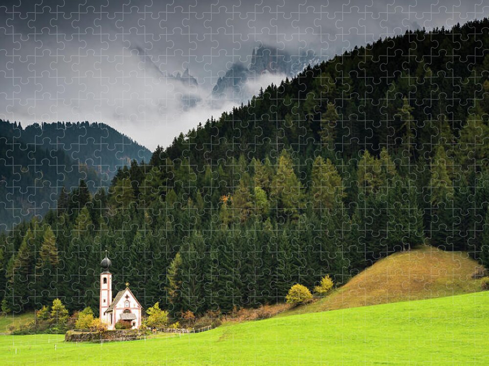 Dolomite Mountains Jigsaw Puzzle featuring the photograph Beautiful small Alpine church in Italy. by Michalakis Ppalis