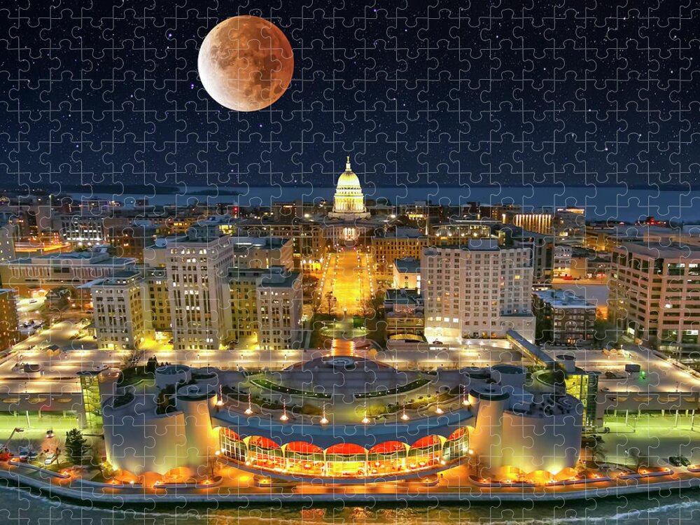 Beaver Moon Jigsaw Puzzle featuring the photograph Beaver Moon lunar eclipse over Wisconsin State Capitol Building by James Brey