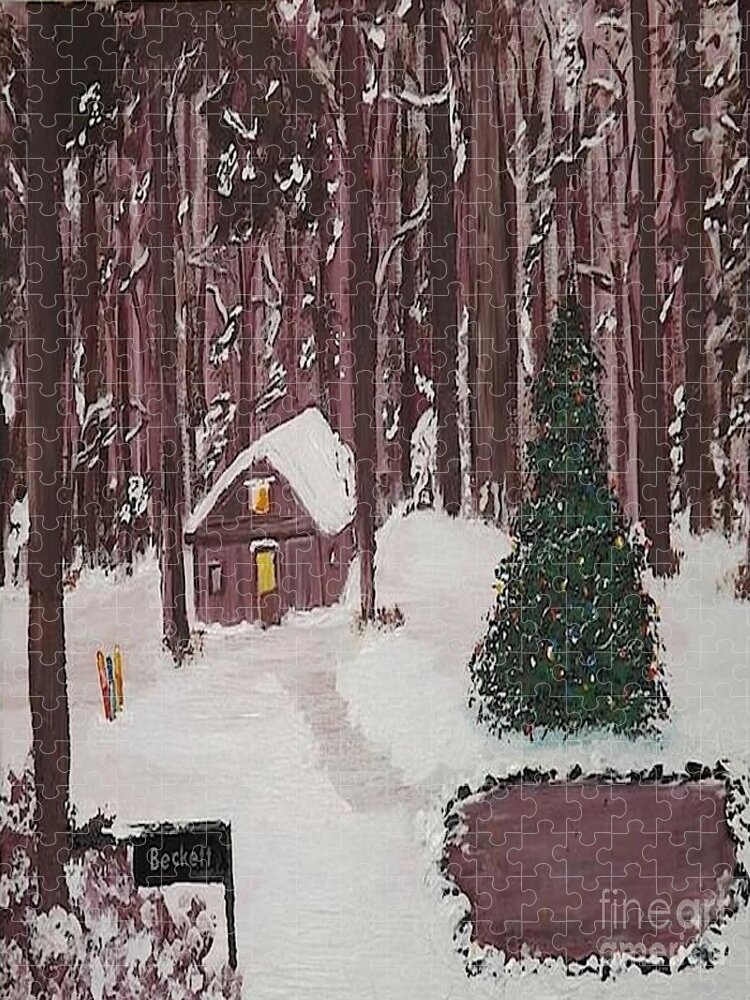 Acrylic Winter Landscape Jigsaw Puzzle featuring the painting Beckett Winter Retreat by Denise Morgan