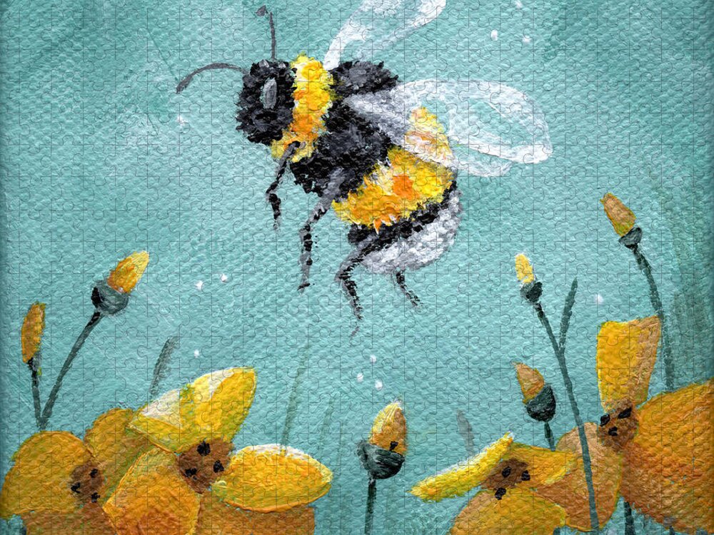 Floral Painting Jigsaw Puzzle featuring the painting Bee's Knees - Bumblebee Painting by Annie Troe
