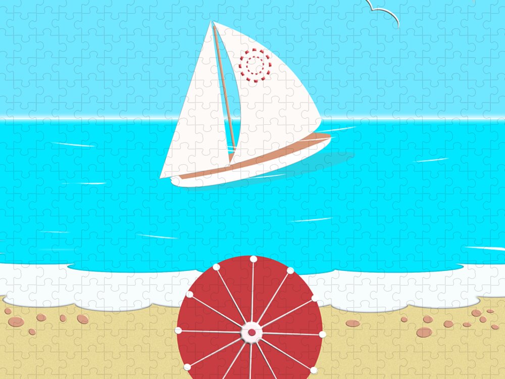 Love Jigsaw Puzzle featuring the digital art Romance on the Beach Behind the Red Umbrella by Barefoot Bodeez Art