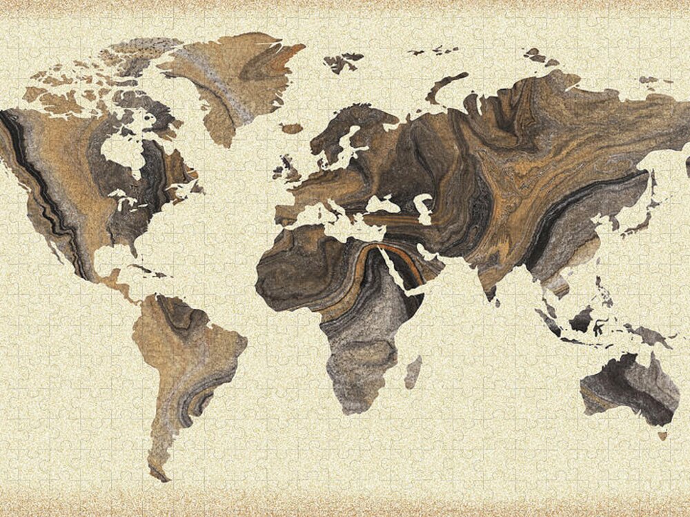 World Map Jigsaw Puzzle featuring the painting Beige Jasper Stone Silhouette World Map Watercolor by Irina Sztukowski