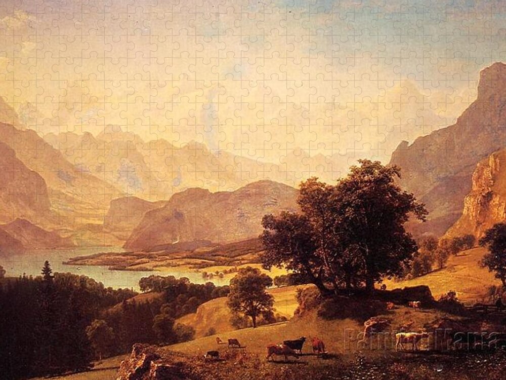 Beach Jigsaw Puzzle featuring the painting Bernese Alps, as Seen near Kusmach by Albert Bierstadt by MotionAge Designs