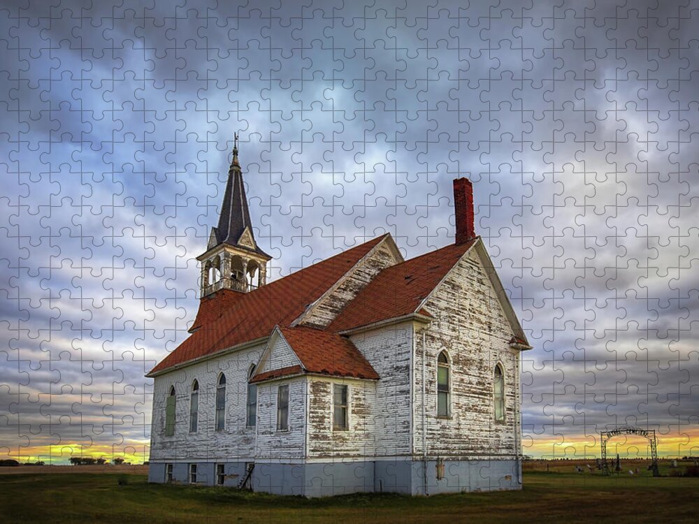 North Dakota Jigsaw Puzzle featuring the photograph Bethel Scandinavian Lutheran Church at Sunset by Harriet Feagin
