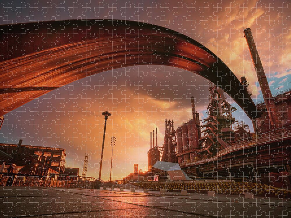Bethlehem Jigsaw Puzzle featuring the photograph Bethlehem SteelStacks Under The Bridge - Stormy Skies by Jason Fink