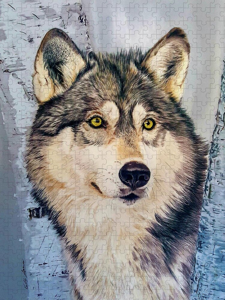 Wolf Jigsaw Puzzle featuring the drawing Between the Birches by Kelly Speros