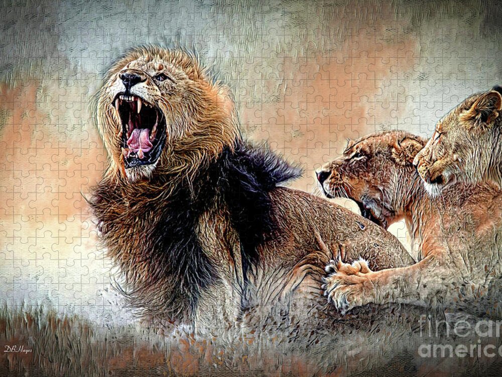 Lions Jigsaw Puzzle featuring the mixed media Bickering Three by DB Hayes