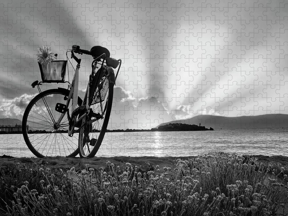 White Jigsaw Puzzle featuring the photograph Bicycle at the Shore Black and White by Debra and Dave Vanderlaan