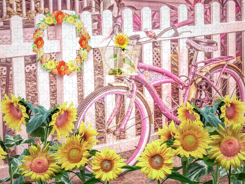 Fla Jigsaw Puzzle featuring the photograph Bicycle at the Sunflower Fence by Debra and Dave Vanderlaan