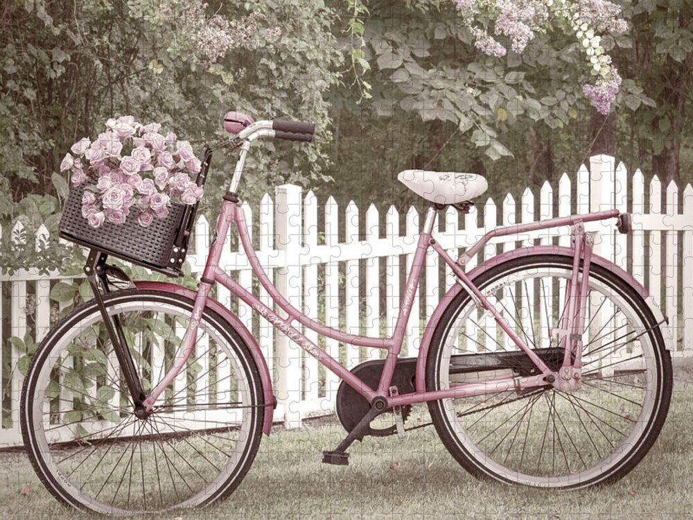 Carolina Jigsaw Puzzle featuring the photograph Bicycle by the Cottage Garden Fence II by Debra and Dave Vanderlaan