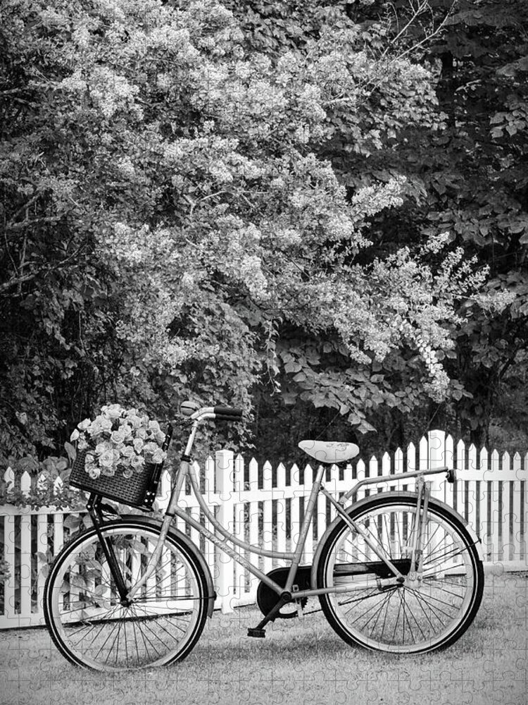 Carolina Jigsaw Puzzle featuring the photograph Bicycle by the Garden Fence Black and White by Debra and Dave Vanderlaan